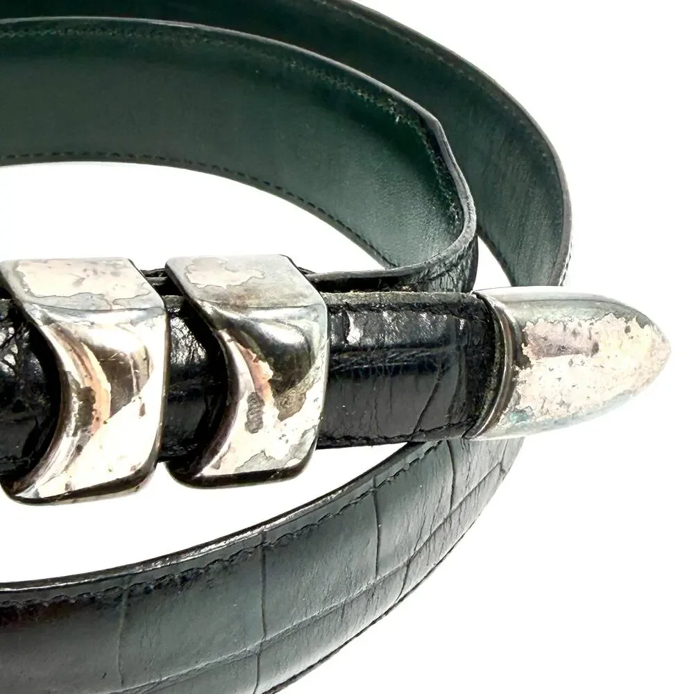 Vintage 90s Black Genuine Leather Croc Embossed Silver Tipped Belt